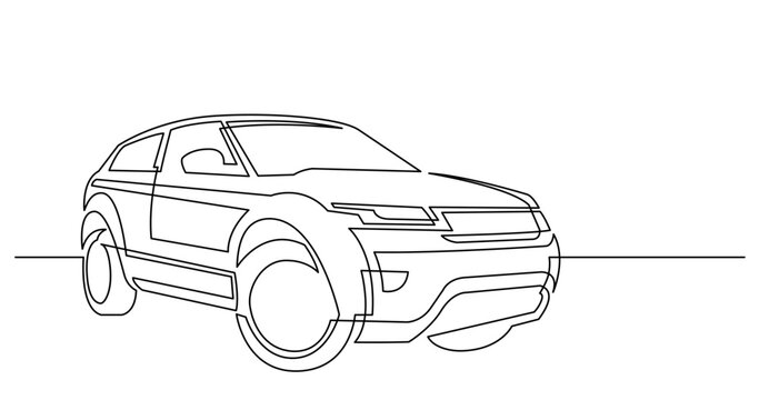 continuous line drawing vector illustration with FULLY EDITABLE STROKE of modern powerful luxury suv car