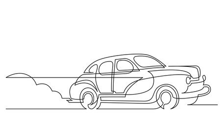 continuous line drawing vector illustration with FULLY EDITABLE STROKE of vintage racing car driving on dusty road