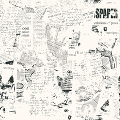 Seamless pattern with collage of newspaper or magazine and map clippings. Retro style vector background with titles, illustrations and imitation text. Suitable for wallpaper design, wrapping paper