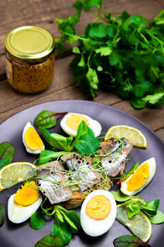 Herring on chewy bread with a boiled egg. Smorobrod with fish and microgrin, on a wooden background. Salad with pickled herring on a black plate.  Scandinavian food.  Seafood appetizer