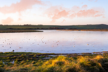 Fototapeta na wymiar View of the frozen Cuckmere river on a winter day, East Sussex, England