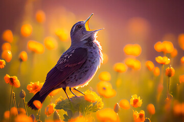  Singing Song Bird in Field of  Flowers. Generative AI.