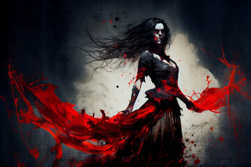 A bloody demoness.  Scary zombie. Halloween monster.  Ghost woman.  Generative AI.