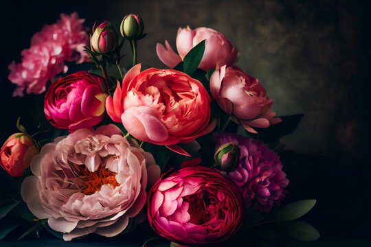 A pink peony bouquet.  Generative AI.