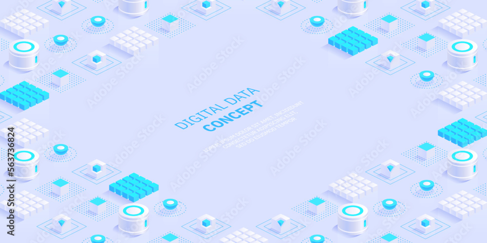 Poster geometric abstract background with trendy isometric shapes, cubes and dynamic composition. digital d