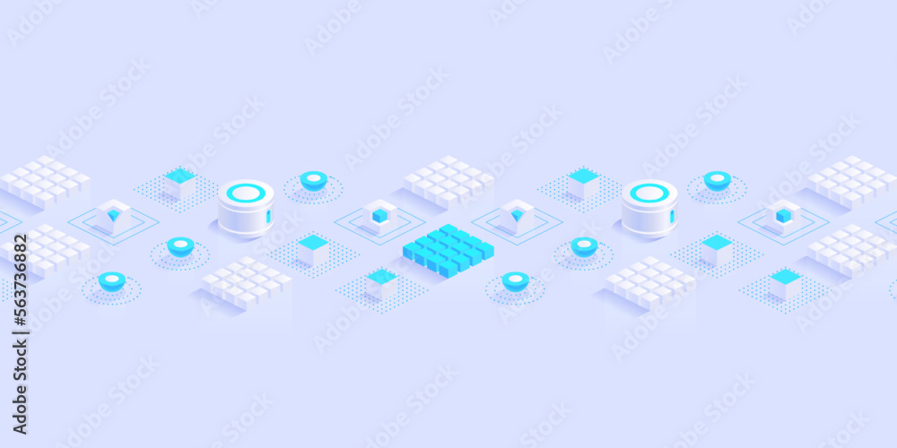 Poster geometric abstract background with trendy isometric shapes, cubes and dynamic composition. digital d
