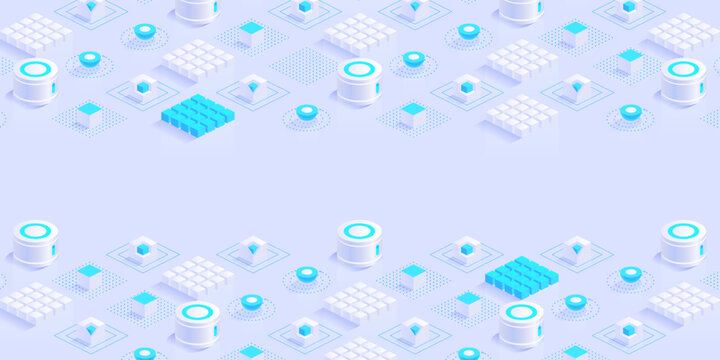 Geometric abstract background with trendy isometric shapes, cubes and dynamic composition. Digital data concept with 3d perspective elements. Vector illustration