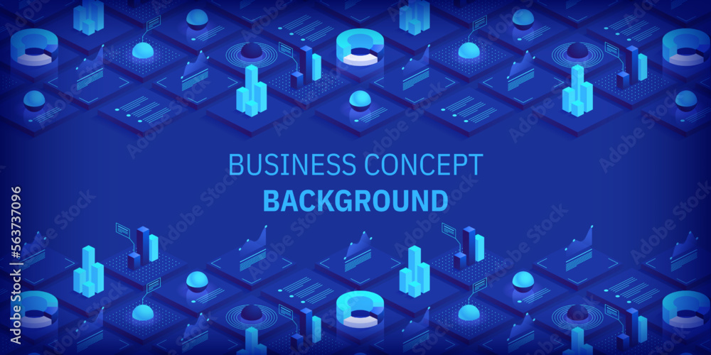 Poster business and finance abstract vector isometric background. online statistics and data analytics. dig