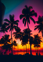 Plakat Blue palm trees at sunset. Generative AI.