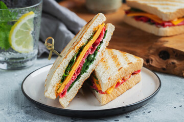 Two homemade sandwiches with sausage, cheese and arugula on a light concrete background