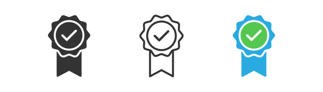 Sertificate icon. Approved concept. Green chek mark. Verification, guarantee, best, medal symbols. Outline, flat, and colored style. Flat design.