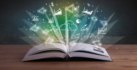 Open book with profit icons above