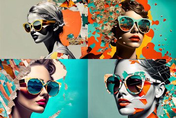 Fashion woman with trendy sunglasses. 60s retro style pop art collage. Digital Illustration, Generative AI - obrazy, fototapety, plakaty