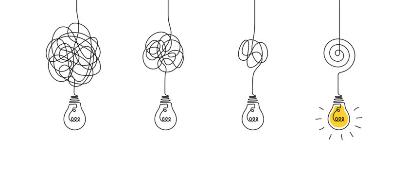 One continuous line drawing of tangled and scribble wires with light bulbs. Concept of complex problem solving process and Clarifying idea in simple linear style. Editable stroke. Vector illustration