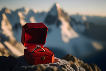 Engagement ring in the mountains. Engagement ring in the mountains. Rings on a red background. Generative AI