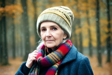 Portrait of an old lady walking in the forest in autumn, wrapped up warm, wooly hat and scarf, natural, fit, elderly, retirement, happy , contented, later life retired - Generative AI.