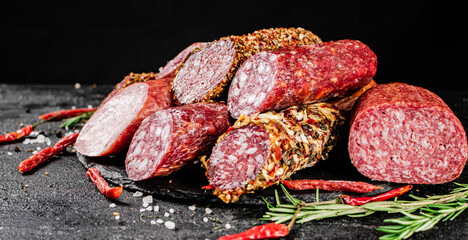 Different types of salami sausage with rosemary and dried chili peppers.