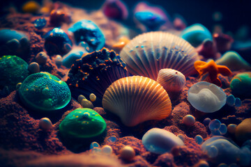 Obraz na płótnie Canvas Seashells underwater background. Generative AI.