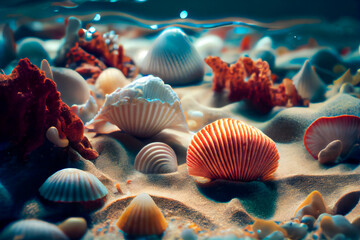 Seashells  underwater background. Generative AI.