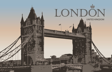 Obraz premium Vintage postcard with famous Tower-Bridge in London, UK. Retro postcard with words London, United Kingdom