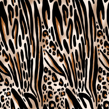 Seamless zebra and leopard pattern, mixed animal print.