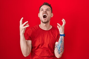 Young hispanic man standing over red background crazy and mad shouting and yelling with aggressive...