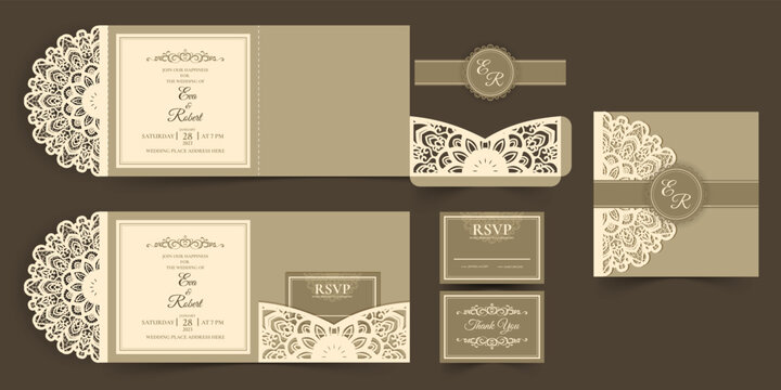 set of laser cut wedding invitation cards
