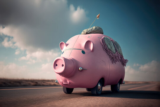 Fahrendes Sparschwein, kleines rosa Auto in Schweineform - Generative AI