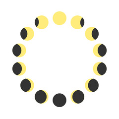 Waning and waxing Moon silhouettes in circle frame. Moon phases. Calendar lunar cycle. Round shapes of Luna celestial object isolated on white background. Astrology concept