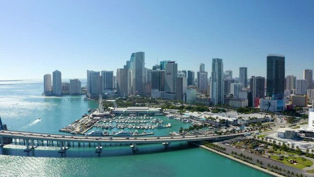 Aerial drone city tour 4k Miami. Drone View Downtown Miami. Aerial over Miami Beach, FL and Ocean Drive. Aerial drone footage flying directly above a city. 