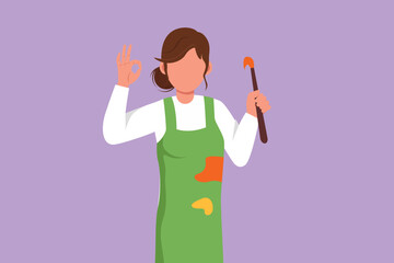 Graphic flat design drawing female painter holding paintbrush with okay gesture, using painting tools such as brushes, canvas, and watercolors. Produce creative art. Cartoon style vector illustration