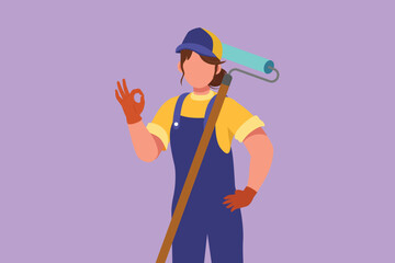 Character flat drawing of attractive handywoman holding long paintbrush roll with okay gesture is ready to work on painting wall and repairing damaged part of house. Cartoon design vector illustration