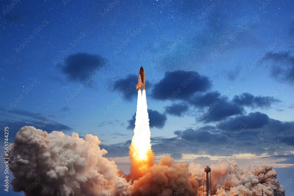 Aufkleber the new space shuttle takes off into the evening sky with stars. successful launch of a space rocket
