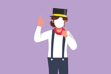 Graphic flat design drawing funny female mime artist say hi with okay gesture, white face make up puts on silent motion comedy show at circus show. Creative industry. Cartoon style vector illustration