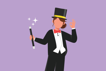 Cartoon flat style drawing beautiful female magician in tuxedo suit with okay gesture wearing hat and holding magic stick ready to entertain audience in circus show. Graphic design vector illustration - obrazy, fototapety, plakaty