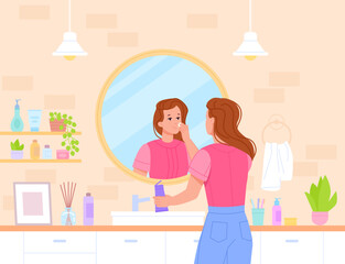 Woman skincare at mirror. Home routine skin care, women in bathroom using face moisturizer cream or make facial makeup, teen lady clean skinspot or acne, swanky vector illustration