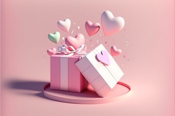 gift box with ribbon and hearts on pale pink background, generative art 