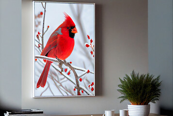 Fototapeta premium Picture of Red Cardinal Bird Hanging on Wall - Generative AI.