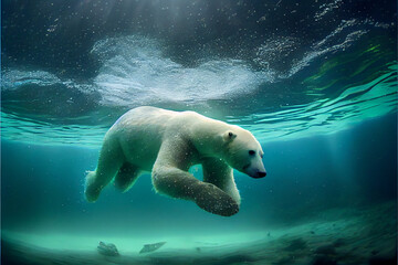 Pole bear swimming under water in a play environment; generative AI. - obrazy, fototapety, plakaty