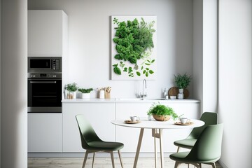 Modern kitchen interior with two cups of coffee on table and fresh greens . Generative AI