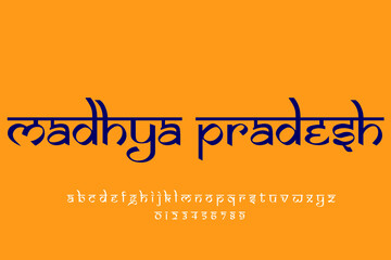 Indian state Madhya Pradesh text design. Indian style Latin font design, Devanagari inspired alphabet, letters and numbers, illustration.