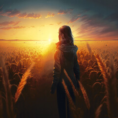 Girl in a wheat field at sunset. Digital art. Generative AI.