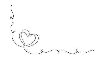 One continuous line drawing of couple hearts and love symbol. Thin curl border and romantic symbol in simple linear style. Editable stroke. Minimalistic Doodle vector illustration