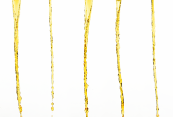 Orange, lemon juice or oil lubricant splash, liquid gold yellow drink drops. Fruit beverage water elements in line form . Fresh splashing and flowing jets, white background isolated freeze motion