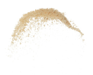 Fototapeta na wymiar Brown Sugar flying explosion, brown grain sugar explode abstract cloud fly. Beautiful complete seed sugarcane splash in air, food object design. Selective focus freeze shot white background isolated