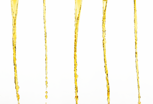 Orange, lemon juice or oil lubricant splash, liquid gold yellow drink drops. Fruit beverage water elements in line form . Fresh splashing and flowing jets, white background isolated freeze motion