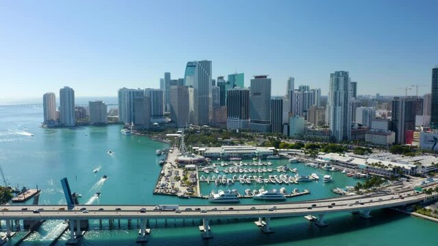 Aerial drone city tour 4k Miami. Drone View Downtown Miami. Aerial over Miami Beach, FL and Ocean Drive. Aerial drone footage flying directly above a city. 