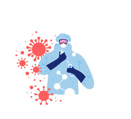 Medicine worker in hazmat suit testing new vaccine for coronavirus disease cure breakthrough. Flat cartoon character doing experiment with syringe and corona virus pandemic particles.