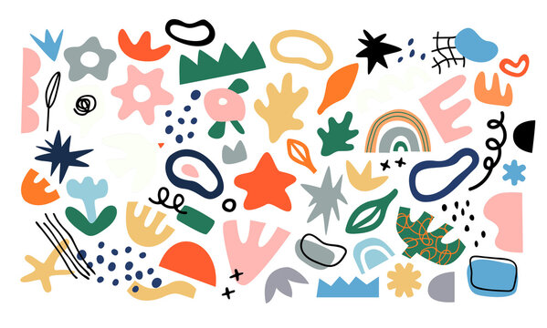 Set of trendy doodle and abstract random icons on isolated background. Big element collection, unusual organic shapes in freehand matisse art style. Includes bird, leaf, flower and texture bundle.	