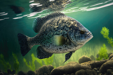 Black Crappie Summer with Rocks created with Generative AI Technology, ai, generative - obrazy, fototapety, plakaty